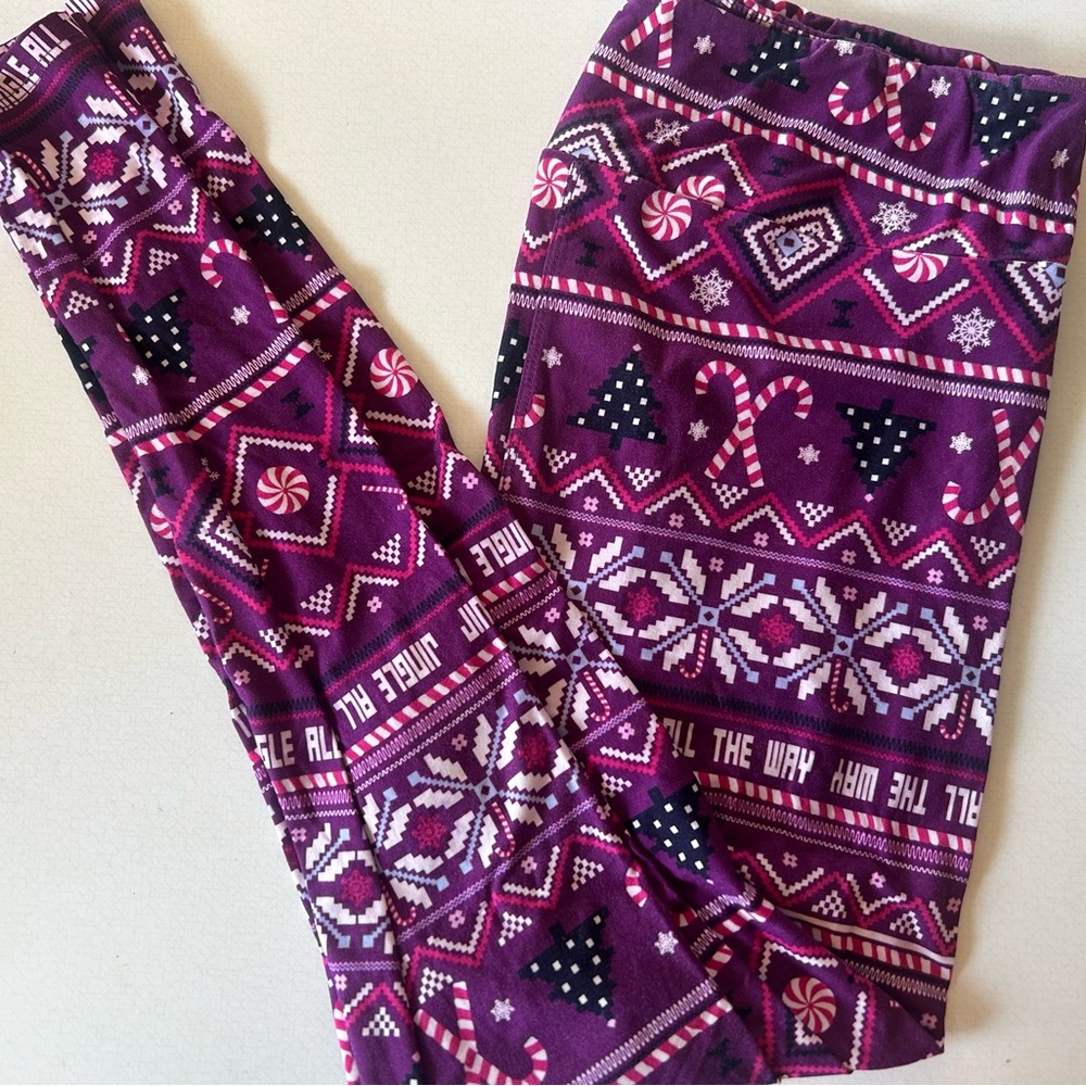 LuLaRoe Women's Leggings with Purple and Pink Festive Pattern